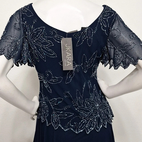 J Kara "NEW" Blue Short Flutter Sleeve Romantic Beaded Long Maxi Dress Size 6 - Picture 8 of 12